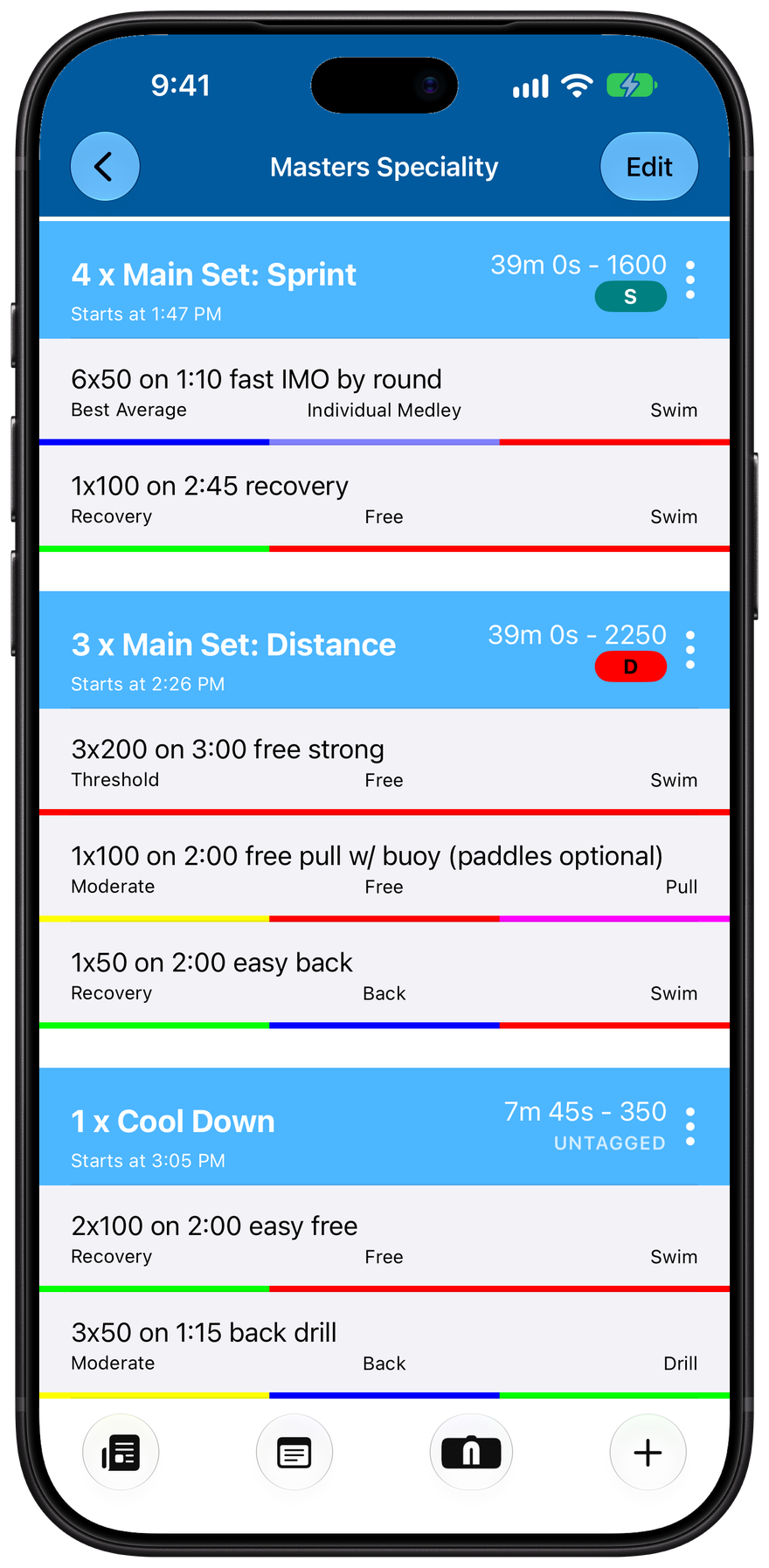 A workout's set headers showing Main Set: Sprint tagged S, Main Set: Distance tagged D, and an untagged Cool Down