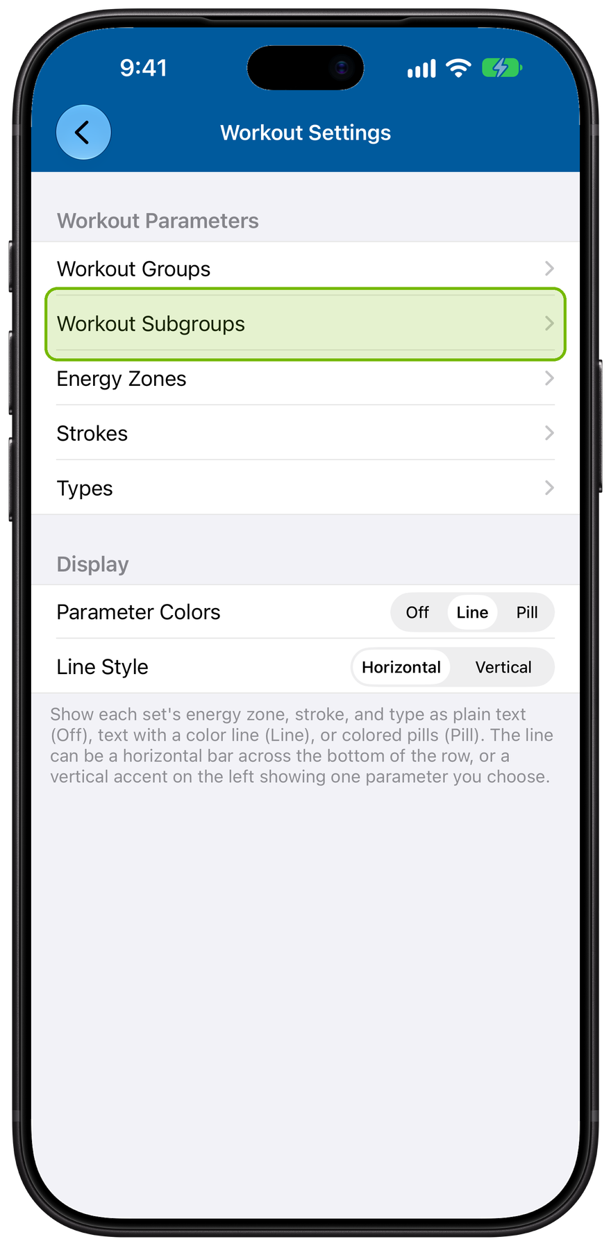 Workout Settings with the Workout Subgroups row highlighted