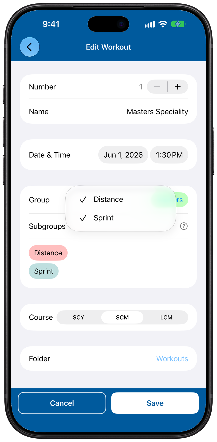 The subgroup roster menu with Distance and Sprint both checked