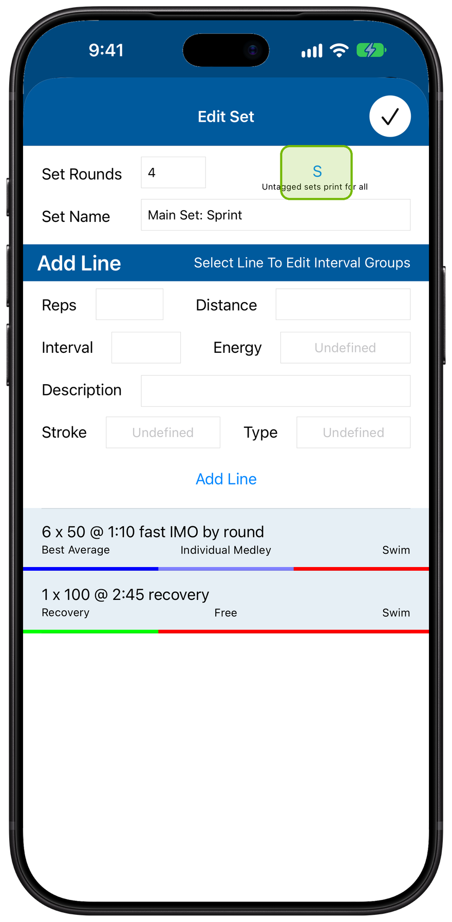 The set editor with the subgroup button highlighted, above the caption Untagged sets print for all
