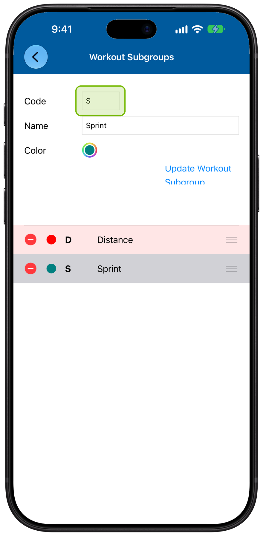 The Workout Subgroups editor with Sprint loaded into the Code and Name fields